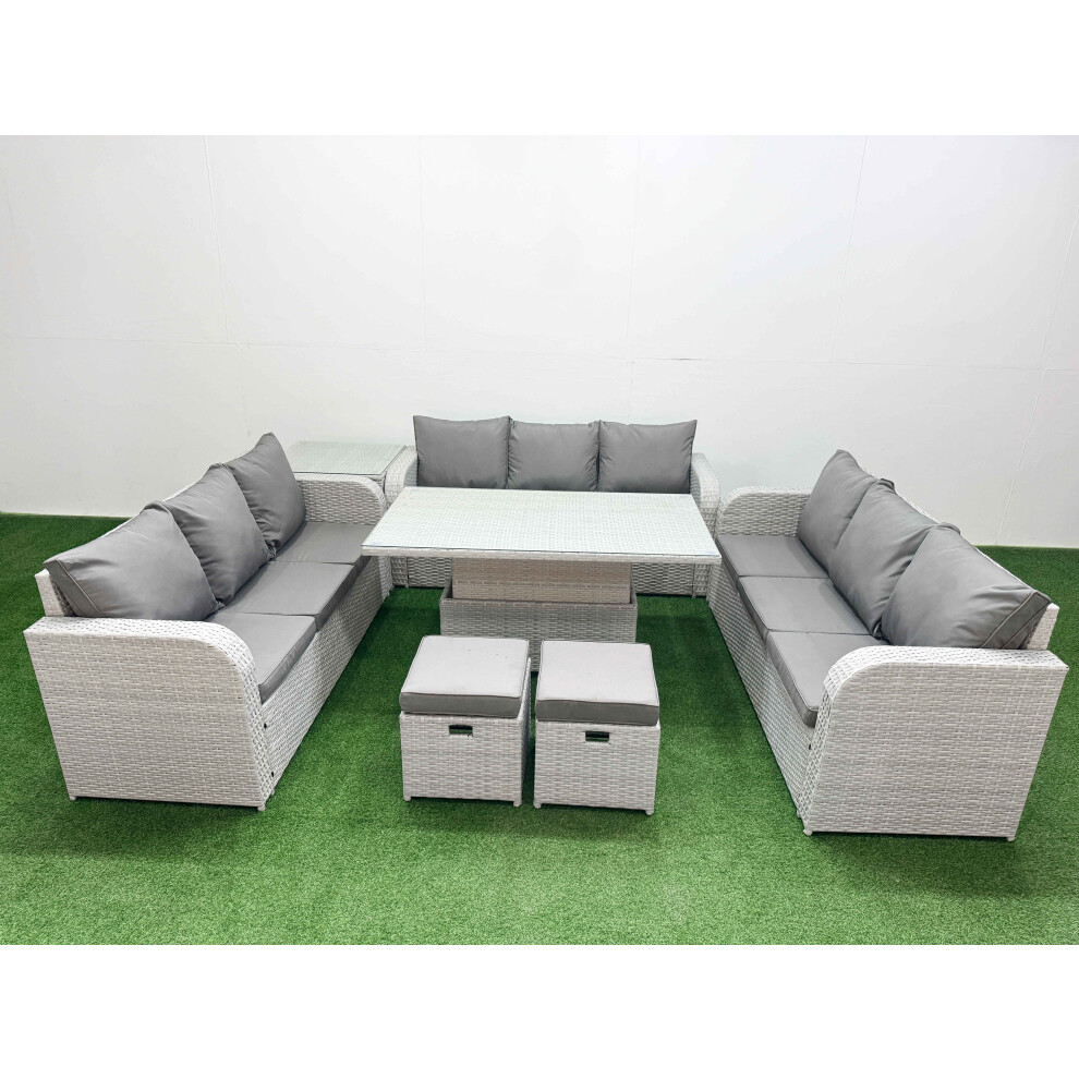 Fimous PE Rattan Lounge Sofa Set 11 Seater Outdoor Garden Furniture Set with 3 Seater Sofa 2 Stools Side Table Light Grey