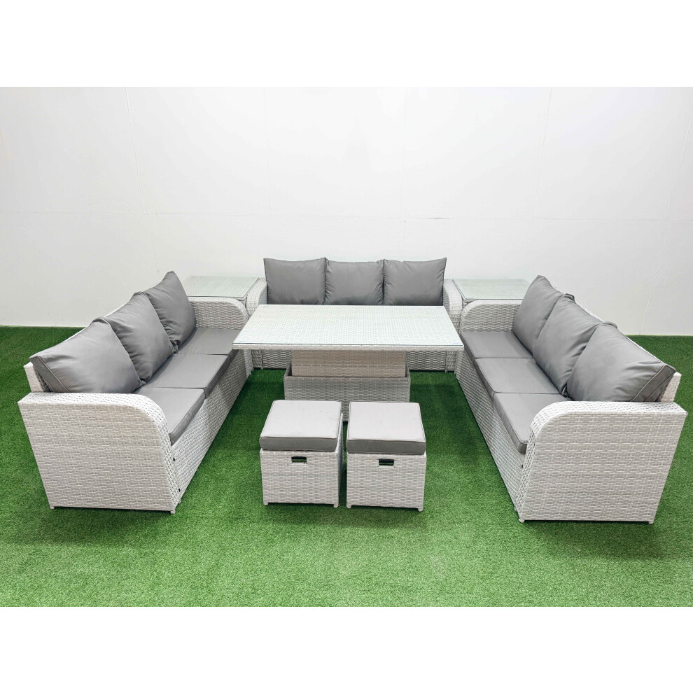 Fimous PE Rattan Lounge Sofa Set 11 Seater Outdoor Garden Furniture Set with 3 Seater Sofa 2 Stools 2 Side Table Light Grey