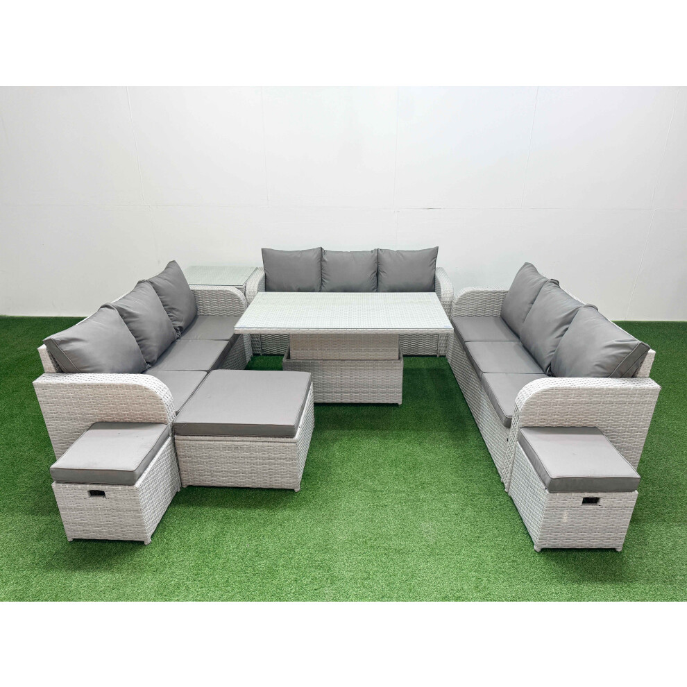 Fimous PE Rattan Lounge Sofa Set 12 Seater Outdoor Garden Furniture Set with 3 Seater Sofa 3 Stools Side Table Light Grey