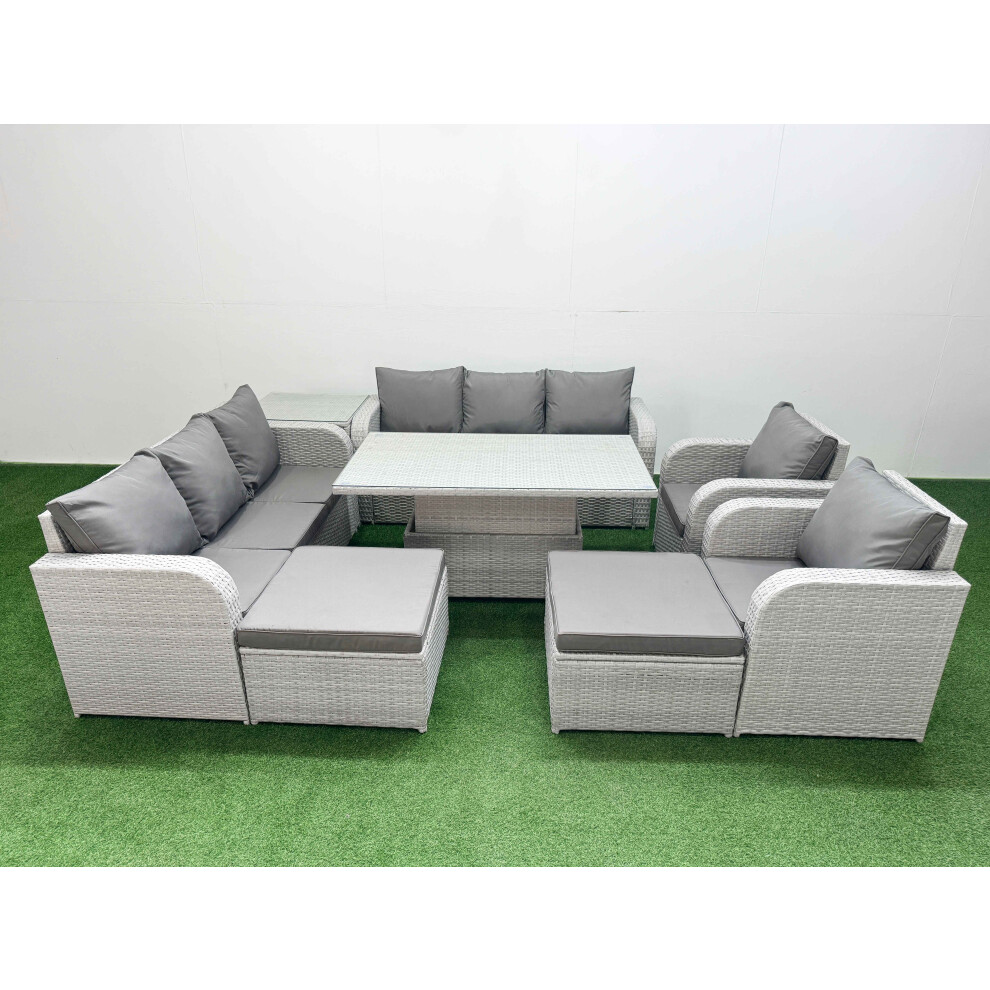 Fimous PE Rattan High Back Lounge Sofa Set with 3 Seater Sofa Reclining Chair 2 Big Footstool Side Table Light Grey