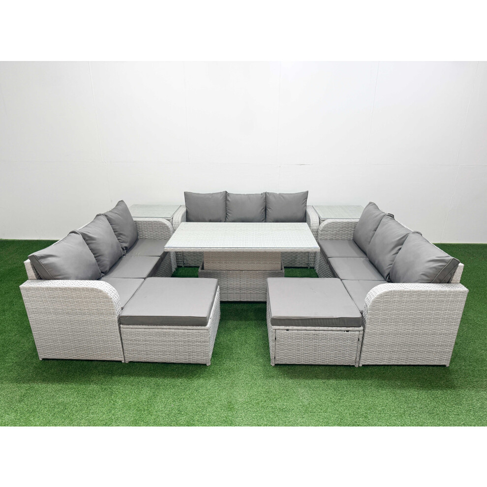 Fimous PE Rattan Lounge Sofa Set 11 Seater Outdoor Garden Furniture Set with 3 Seater Sofa 2 Big Footstools 2 Side Table Light Grey