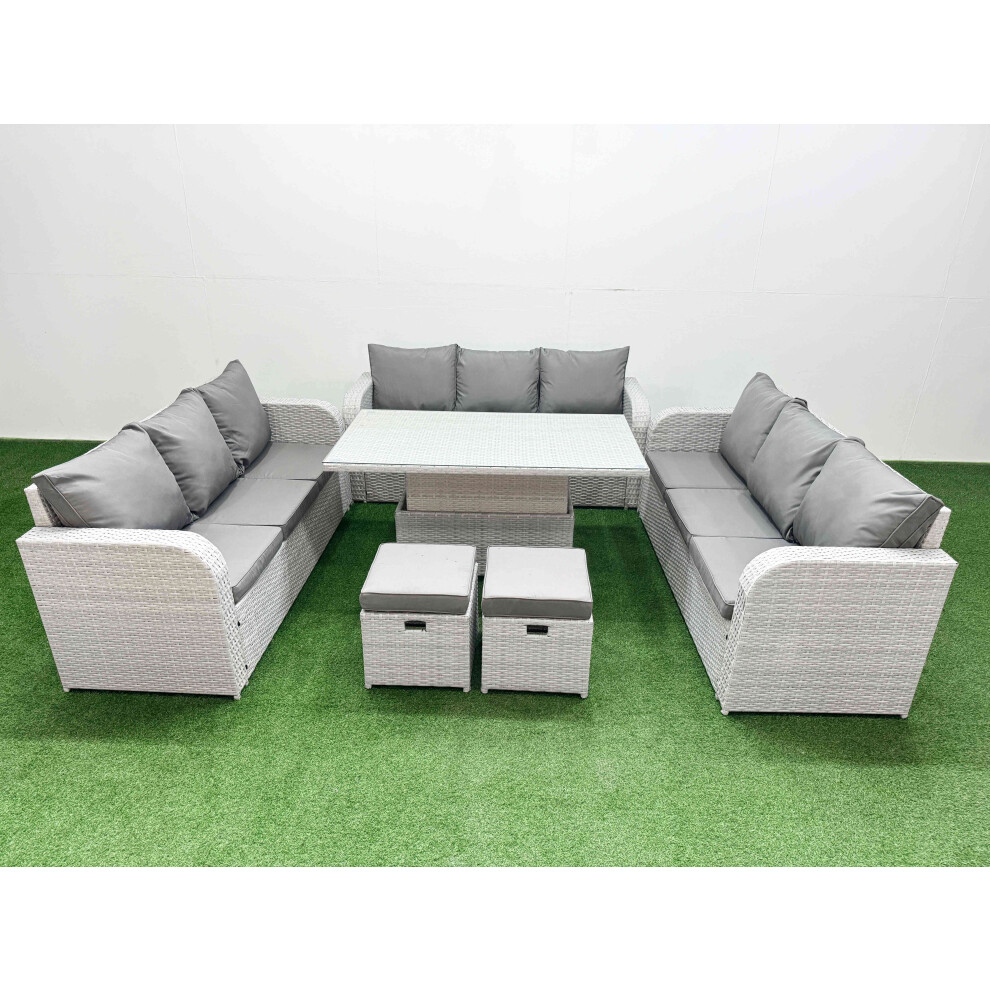 Fimous PE Rattan Lounge Sofa Set 11 Seater Outdoor Garden Furniture Set with 3 Seater Sofa 2 Stools Light Grey