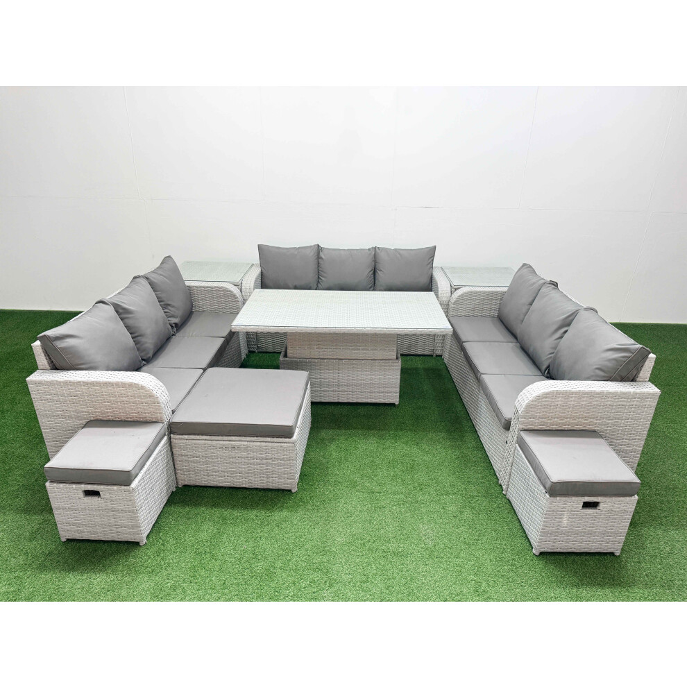 Fimous PE Rattan Lounge Sofa Set 12 Seater Outdoor Garden Furniture Set with 3 Seater Sofa 3 Stools 2 Side Table Light Grey