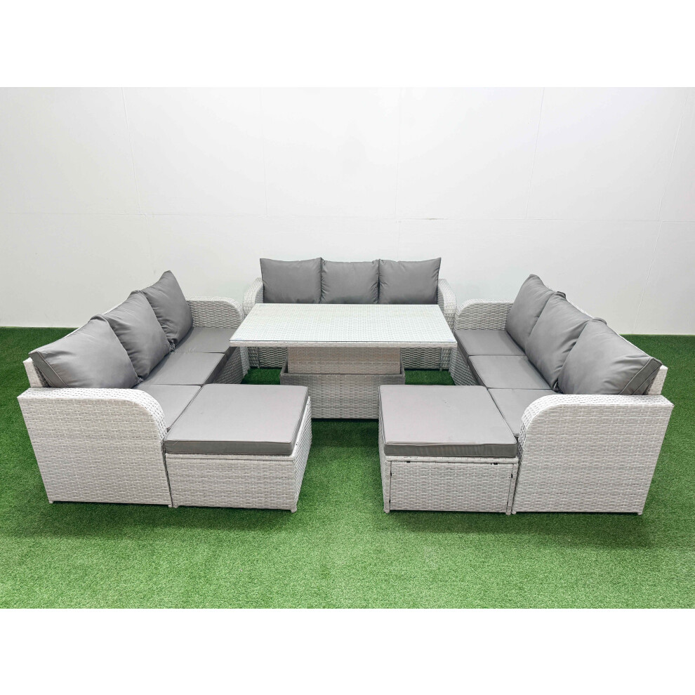 Fimous PE Rattan Lounge Sofa Set 11 Seater Outdoor Garden Furniture Set with 3 Seater Sofa 2 Big Footstools Light Grey