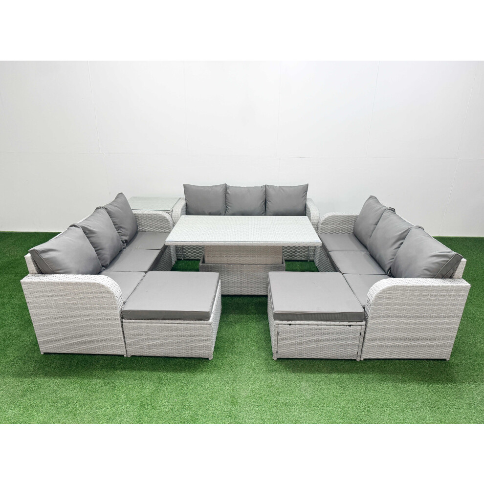 Fimous PE Rattan Lounge Sofa Set 11 Seater Outdoor Garden Furniture Set with 3 Seater Sofa 2 Big Footstools Side Table Light Grey