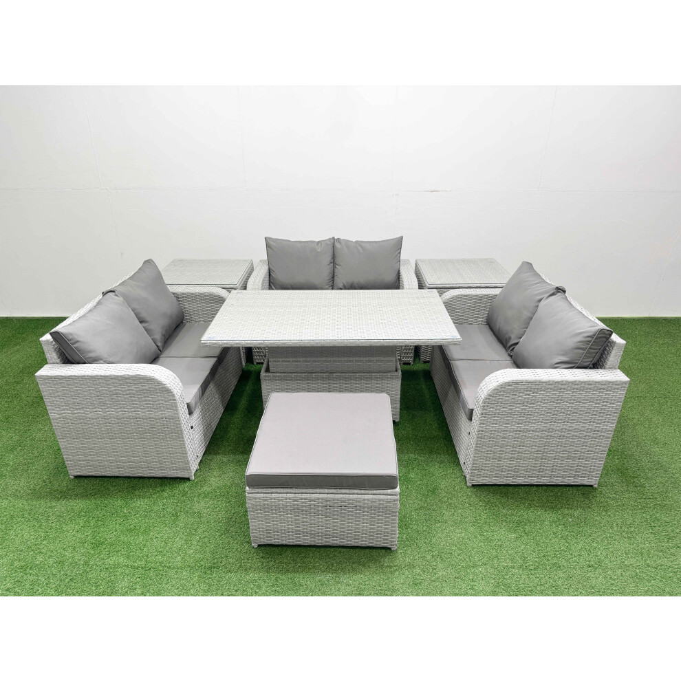 Fimous  7 Seater PE Wicker Rattan Furniture Sofa Sets with Adjustable Lifting Dining or Coffee Table Big Footstool 2 Side Table Light Grey