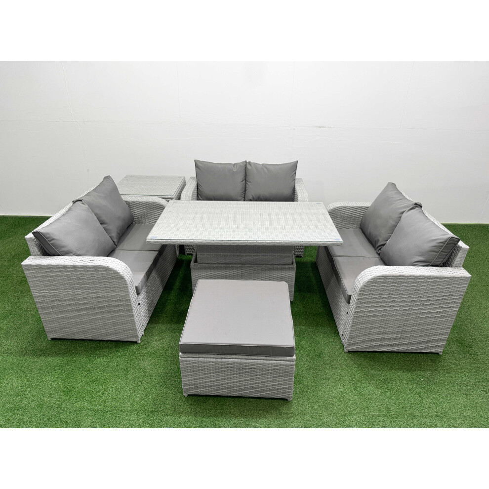 Fimous  7 Seater PE Wicker Rattan Furniture Sofa Sets with Adjustable Lifting Dining or Coffee Table Big Footstool Side Table Light Grey