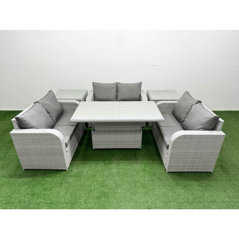 Fimous  6 Seater PE Wicker Rattan Furniture Sofa Sets with Adjustable Lifting Dining or Coffee Table 2 Side Table Light Grey