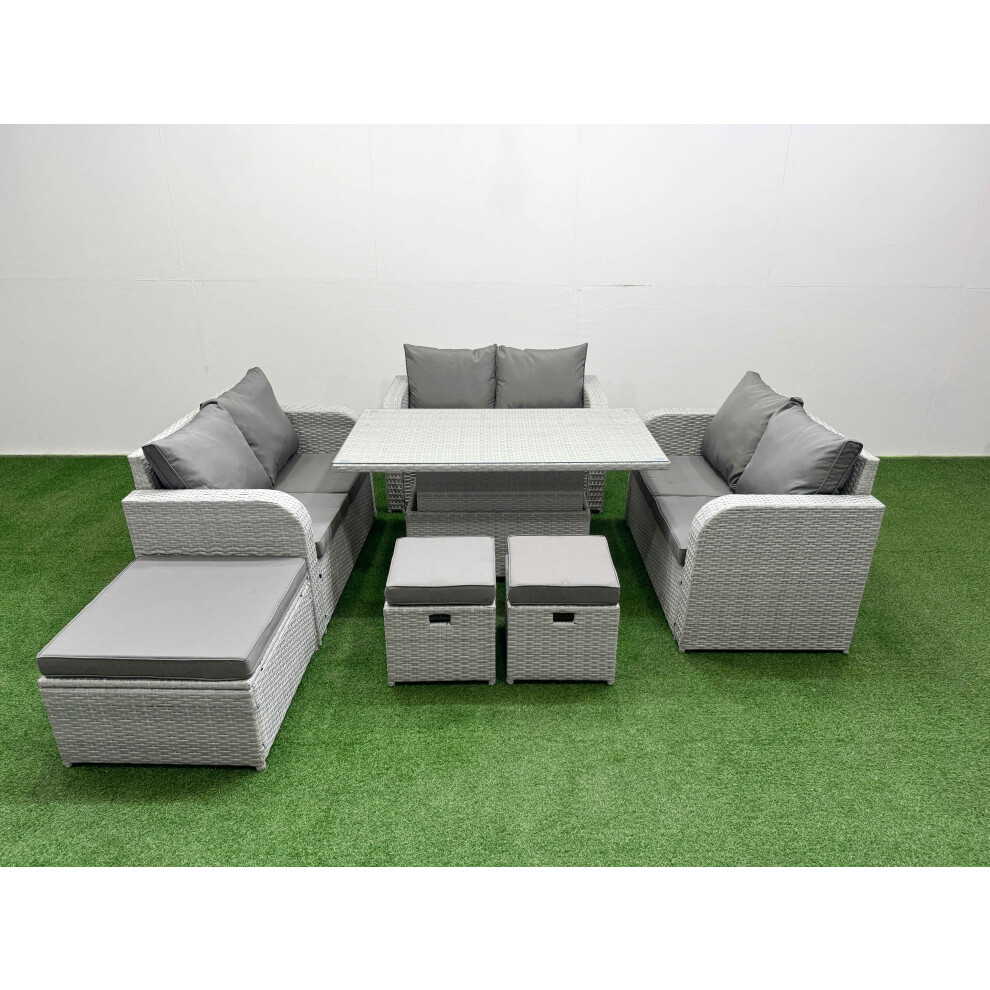 Fimous  9 Seater PE Wicker Rattan Furniture Sofa Sets with Adjustable Lifting Dining or Coffee Table 3 Stool Light Grey