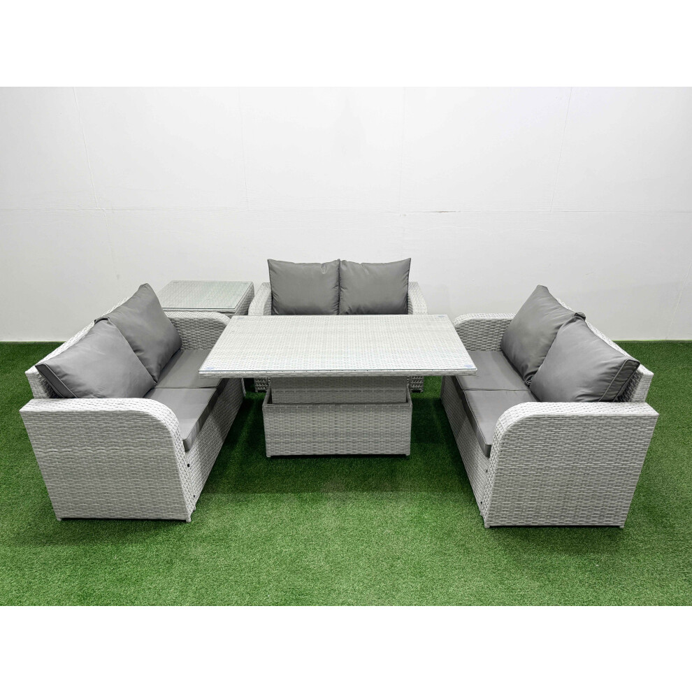 Fimous  6 Seater PE Wicker Rattan Furniture Sofa Sets with Adjustable Lifting Dining or Coffee Table Side Table Light Grey