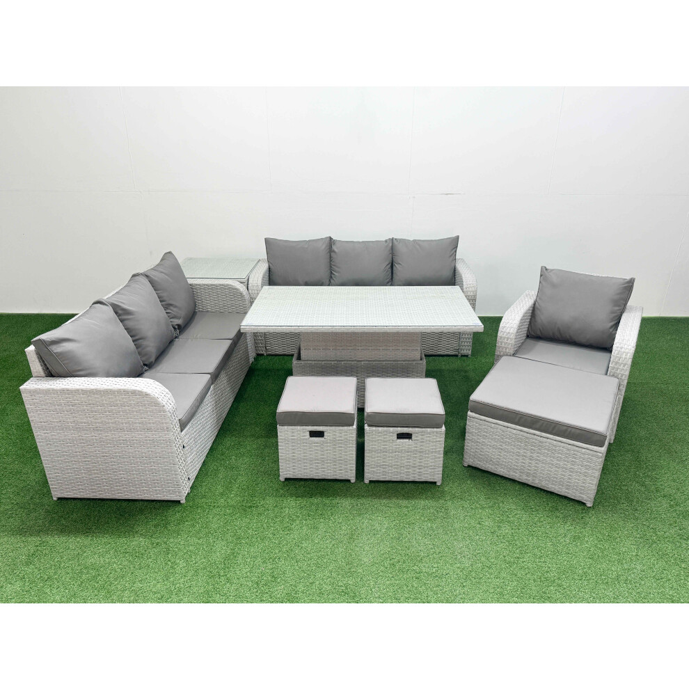 Fimous 10 Seater Poly Rattan Outdoor Garden Furniture Adjustable Lifting Dining or Coffee Table Sofa Set 3 Stools Side Table Light Grey