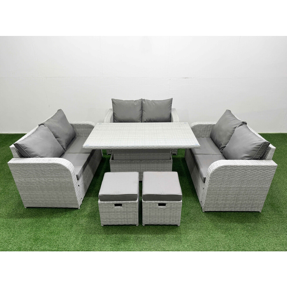 Fimous  8 Seater PE Wicker Rattan Furniture Sofa Sets with Adjustable Lifting Dining or Coffee Table 2 Stool Light Grey