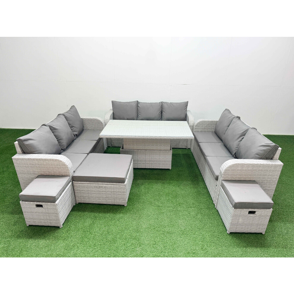 Fimous PE Rattan Lounge Sofa Set 12 Seater Outdoor Garden Furniture Set with 3 Seater Sofa 3 Stools Light Grey