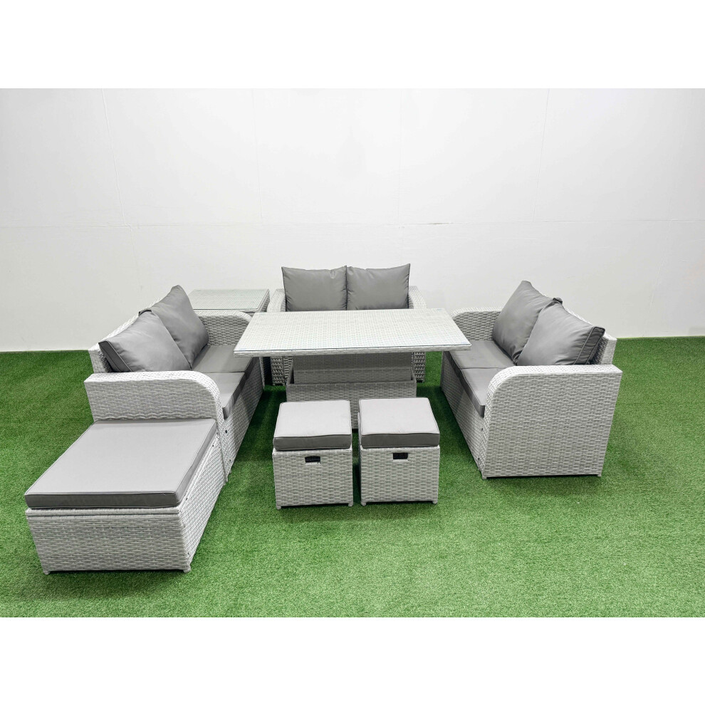 Fimous  9 Seater PE Wicker Rattan Furniture Sofa Sets with Adjustable Lifting Dining or Coffee Table 3 Stool Side Table Light Grey