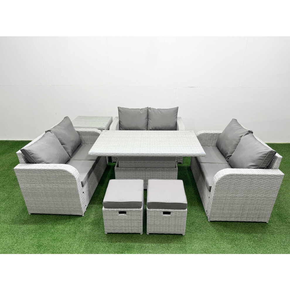 Fimous  8 Seater PE Wicker Rattan Furniture Sofa Sets with Adjustable Lifting Dining or Coffee Table 2 Stool Side Table Light Grey