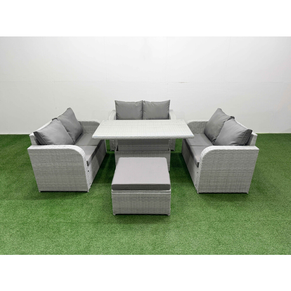 Fimous  7 Seater PE Wicker Rattan Furniture Sofa Sets with Adjustable Lifting Dining or Coffee Table Big Footstool Light Grey