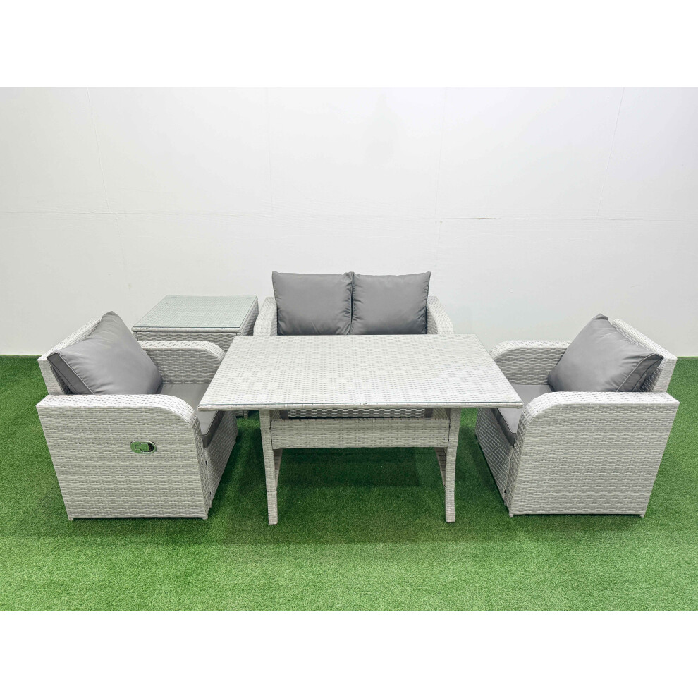 Fimous Light Grey PE Wicker Rattan Garden Furniture Set Sofa Set Reclining Chair Rectangular Dining Table 4 Seater With Side Table