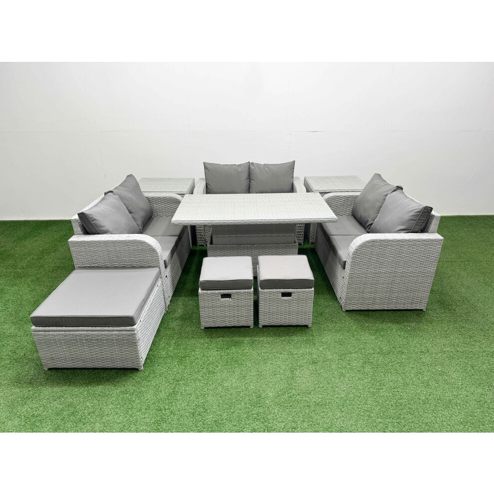 Fimous  9 Seater PE Wicker Rattan Furniture Sofa Sets with Adjustable Lifting Dining or Coffee Table 3 Stool 2 Side Table Light Grey