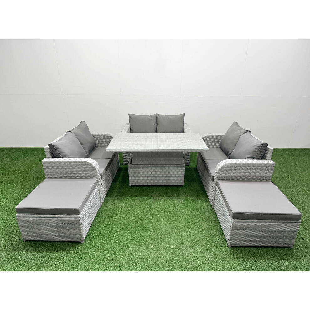 Fimous  8 Seater PE Wicker Rattan Furniture Sofa Sets with Adjustable Lifting Dining or Coffee Table 2 Big Footstool Light Grey