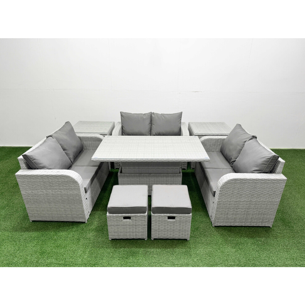 Fimous  8 Seater PE Wicker Rattan Furniture Sofa Sets with Adjustable Lifting Dining or Coffee Table 2 Stool 2 Side Table Light Grey