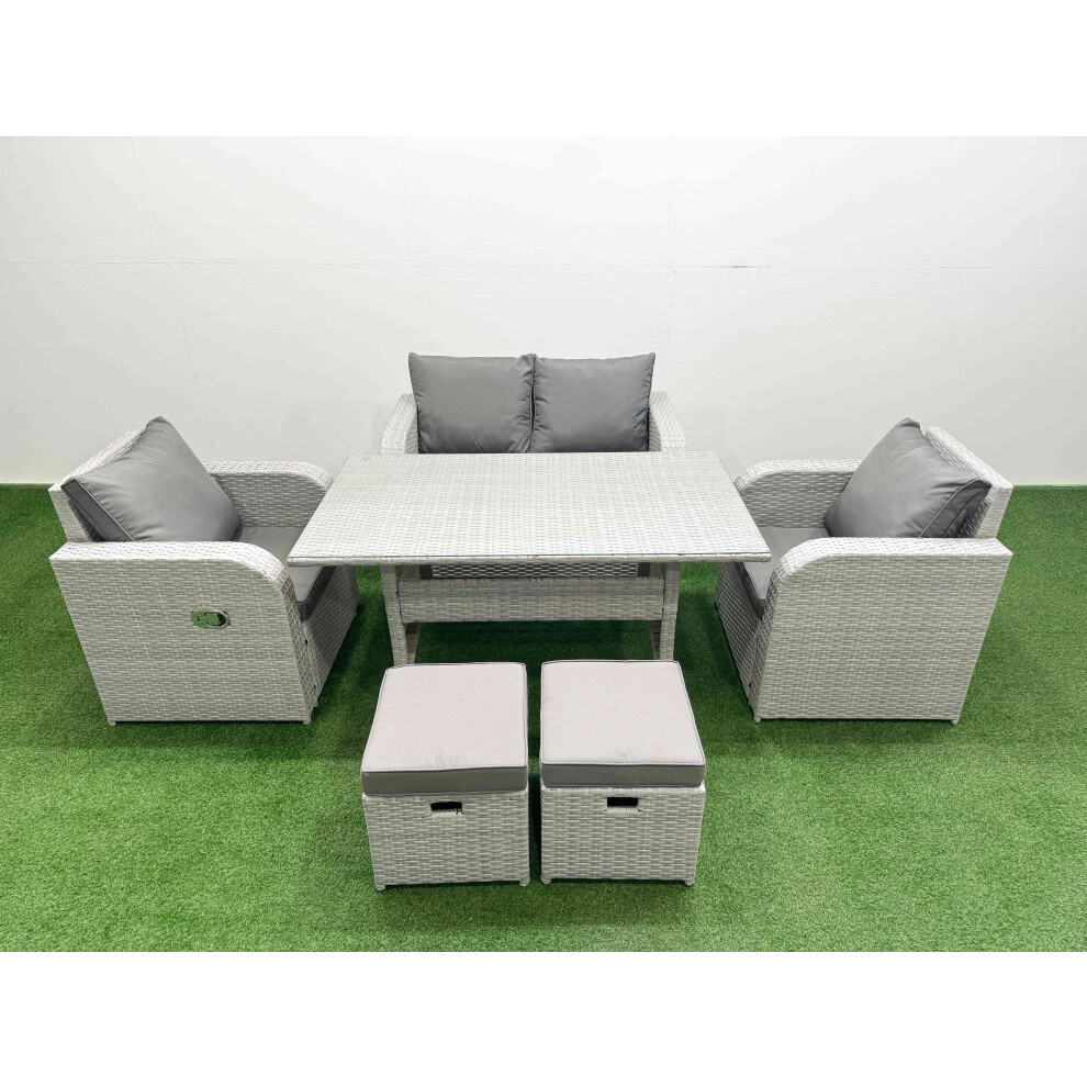 Fimous Light Grey PE Wicker Rattan Garden Furniture Set Sofa Set Reclining Chair Rectangular Dining Table 6 Seater 2 Small Stools