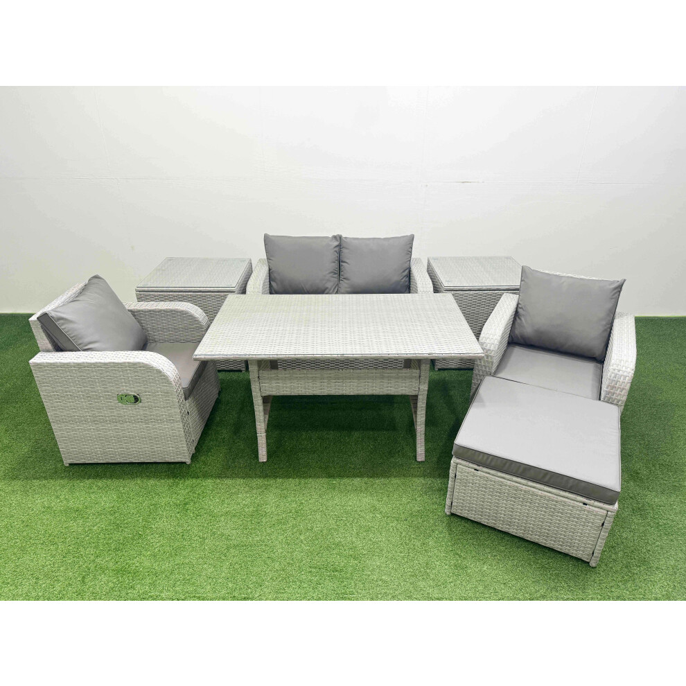 Fimous Light Grey PE Wicker Rattan Garden Furniture Set Sofa Set Reclining Chair Rectangular Dining Table 5 Seater With Footstool 2 Side Table