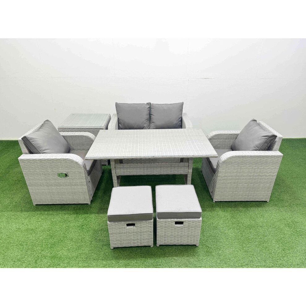 Fimous Light Grey PE Wicker Rattan Garden Furniture Set Sofa Set Reclining Chair Rectangular Dining Table 6 Seater 2 Small Stools Side Table