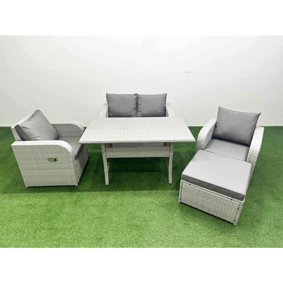 Fimous Light Grey PE Wicker Rattan Garden Furniture Set Sofa Set Reclining Chair Rectangular Dining Table 5 Seater With Footstool