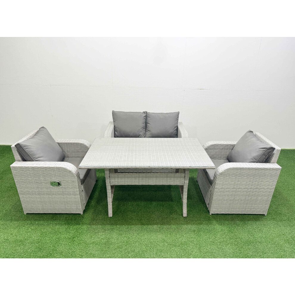 Fimous Light Grey PE Wicker Rattan Garden Furniture Set Sofa Set Reclining Chair Rectangular Dining Table 4 Seater