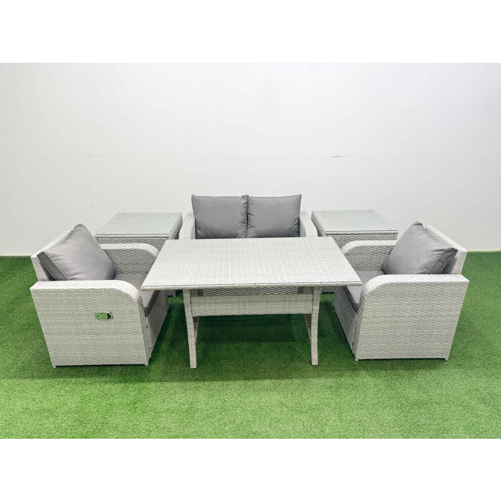 Fimous Light Grey PE Wicker Rattan Garden Furniture Set Sofa Set Reclining Chair Rectangular Dining Table 4 Seater With 2 Side Table