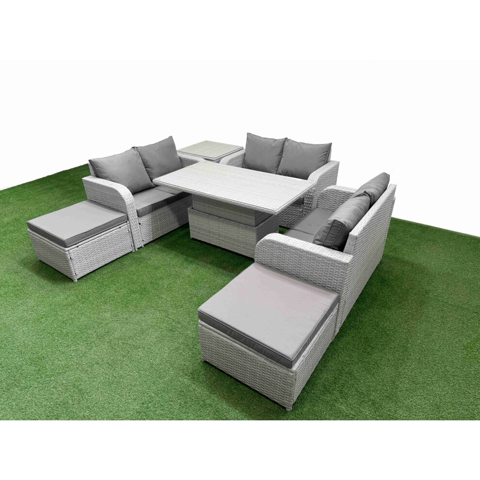 Fimous  8 Seater PE Wicker Rattan Furniture Sofa Sets with Adjustable Lifting Dining or Coffee Table 2 Big Footstool Side Table Light Grey