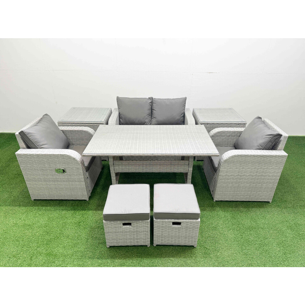 Fimous Light Grey PE Wicker Rattan Garden Furniture Set Sofa Set Reclining Chair Rectangular Dining Table 6 Seater 2 Small Stools 2 Side Table