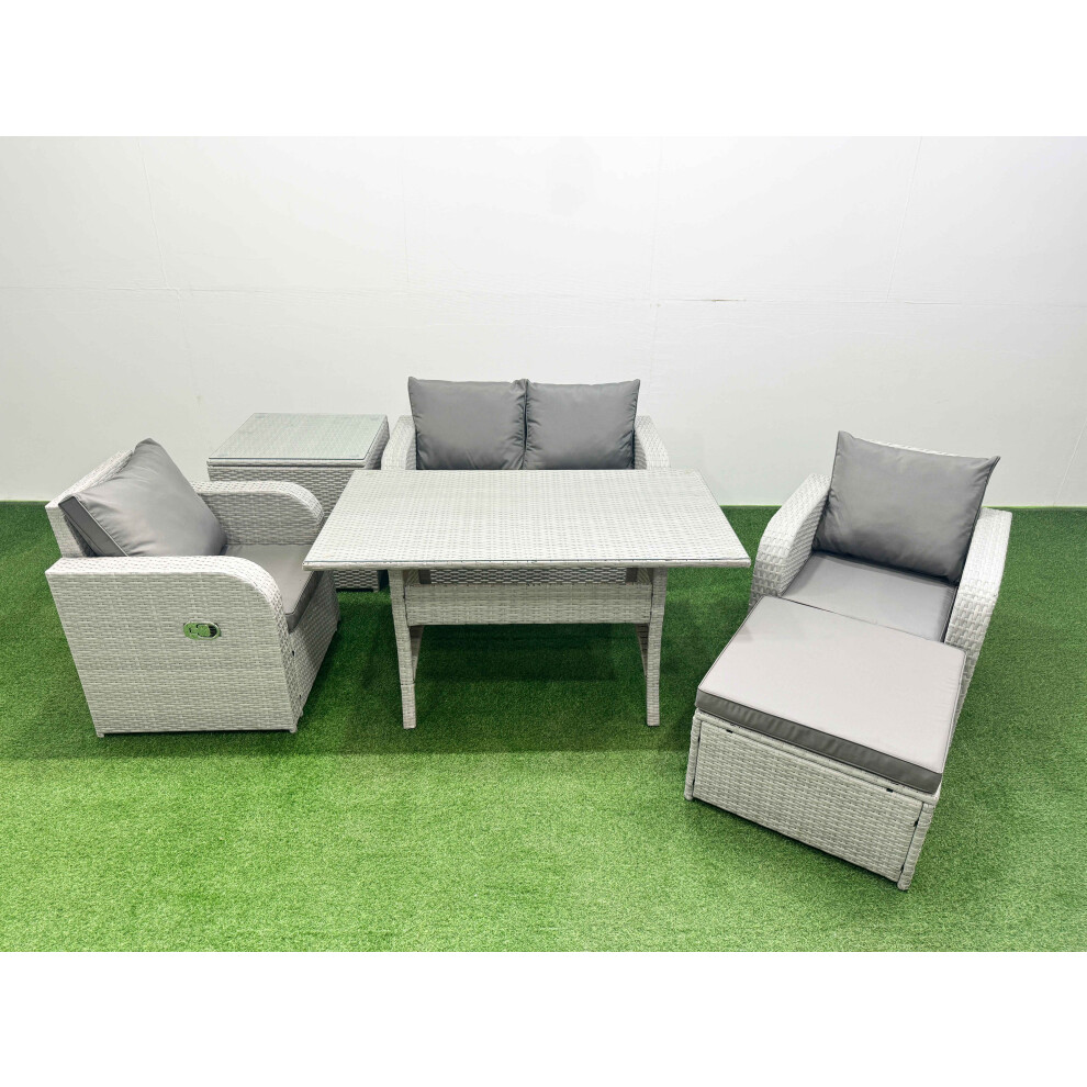 Fimous Light Grey PE Wicker Rattan Garden Furniture Set Sofa Set Reclining Chair Rectangular Dining Table 5 Seater With Footstool Side Table