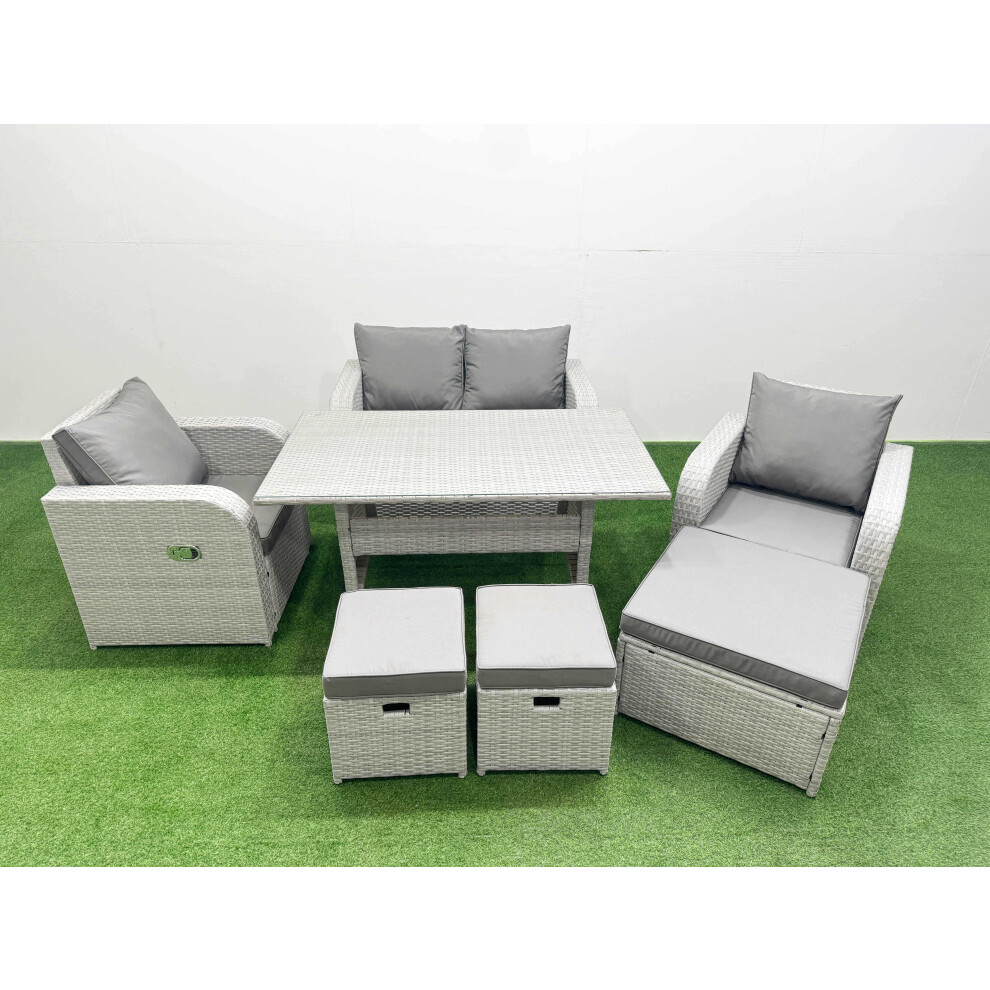 Fimous Light Grey PE Wicker Rattan Garden Furniture Set Sofa Set Reclining Chair Rectangular Dining Table 7 Seater 3  Stools