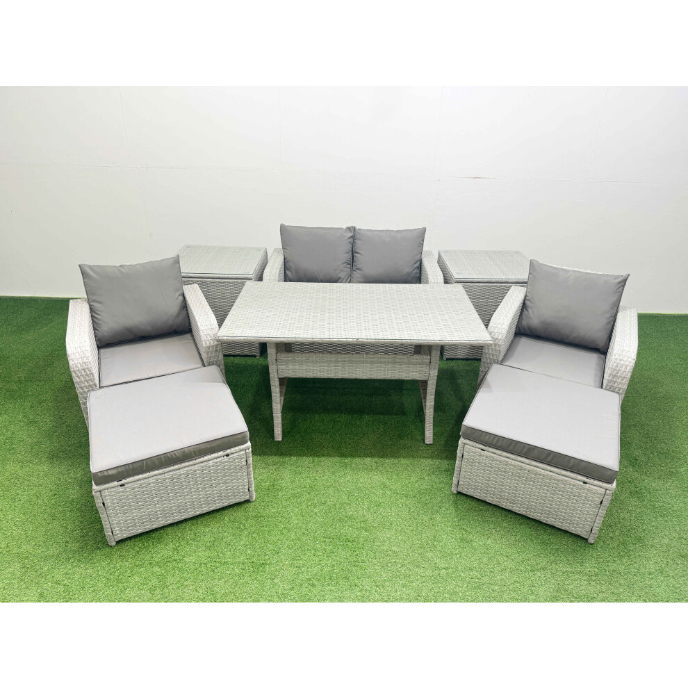Fimous Light Grey Pe Wicker Rattan Garden Furniture Set Sofa Set Reclining Chair Rectangular Dining Table 6 Seater 2 Big Stools 2 Side Table