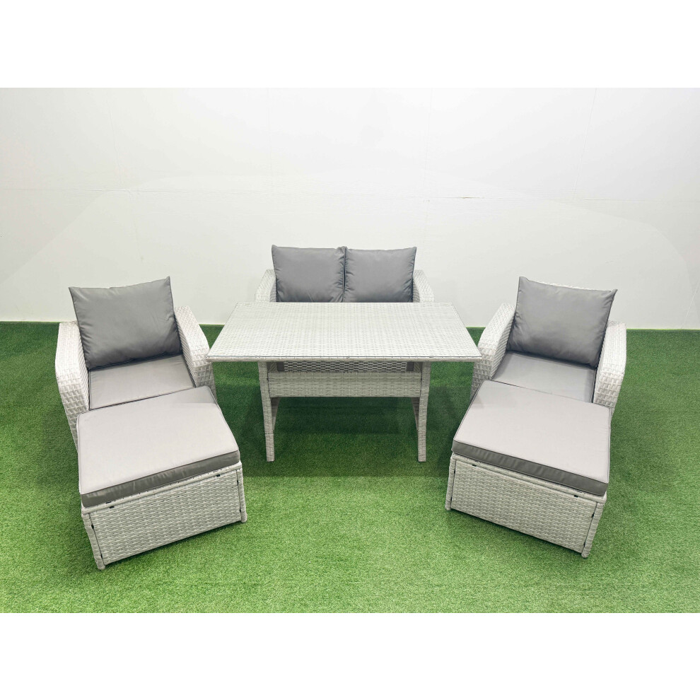 Fimous Light Grey PE Wicker Rattan Garden Furniture Set Sofa Set Reclining Chair Rectangular Dining Table 6 Seater 2 Big Stools