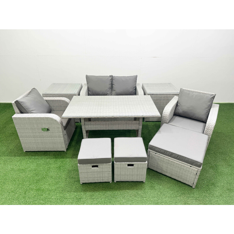 Fimous Light Grey PE Wicker Rattan Garden Furniture Set Sofa Set Reclining Chair Rectangular Dining Table 7 Seater 3  Stools 2 Side Table