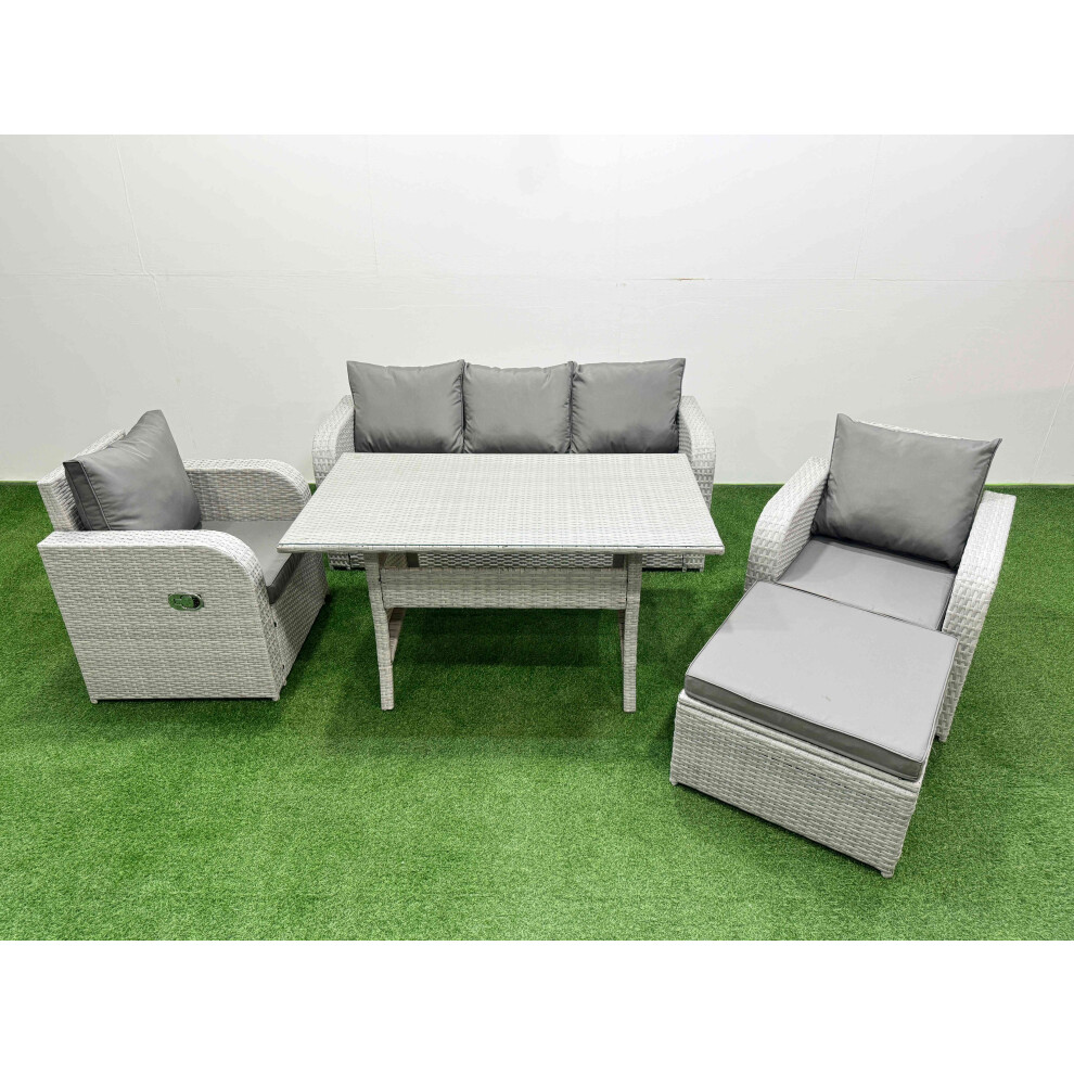 Fimous PE Rattan Garden Furniture Set Reclining Chair Sofa Lounge Sofa Set Rectangular Dining Table Big Footstool Light Grey