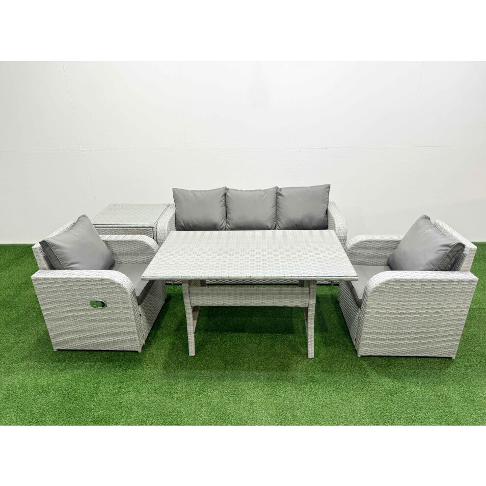 Fimous PE Rattan Garden Furniture Set Reclining Chair Sofa Lounge Sofa Set Rectangular Dining Table Side Table Light Grey