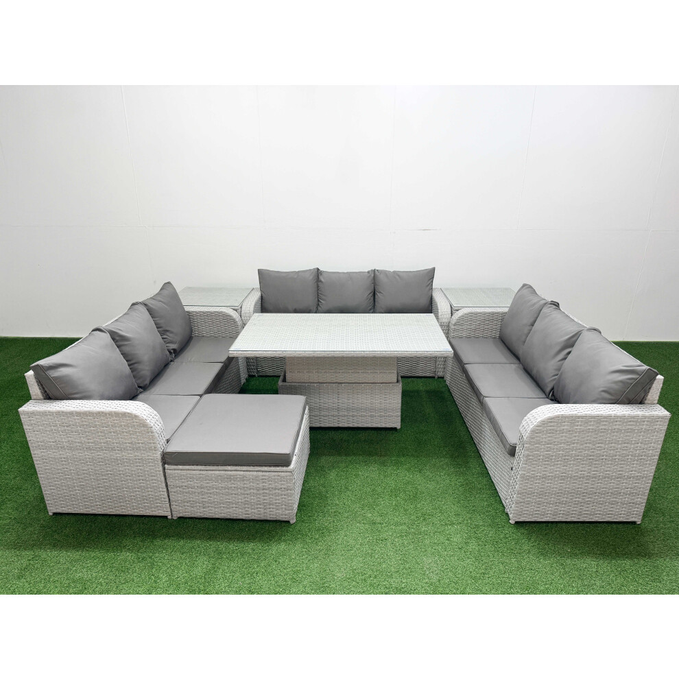 Fimous PE Rattan Lounge Sofa Set 10 Seater Outdoor Garden Furniture Set with 3 Seater Sofa Big Footstool 2 Side Table Light Grey