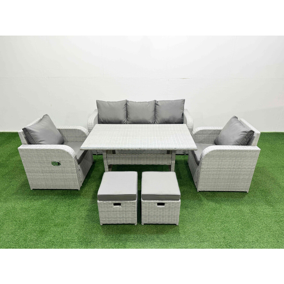 Fimous PE Rattan Garden Furniture Set Reclining Chair Sofa Lounge Sofa Set Rectangular Dining Table 2 Small Stools Light Grey