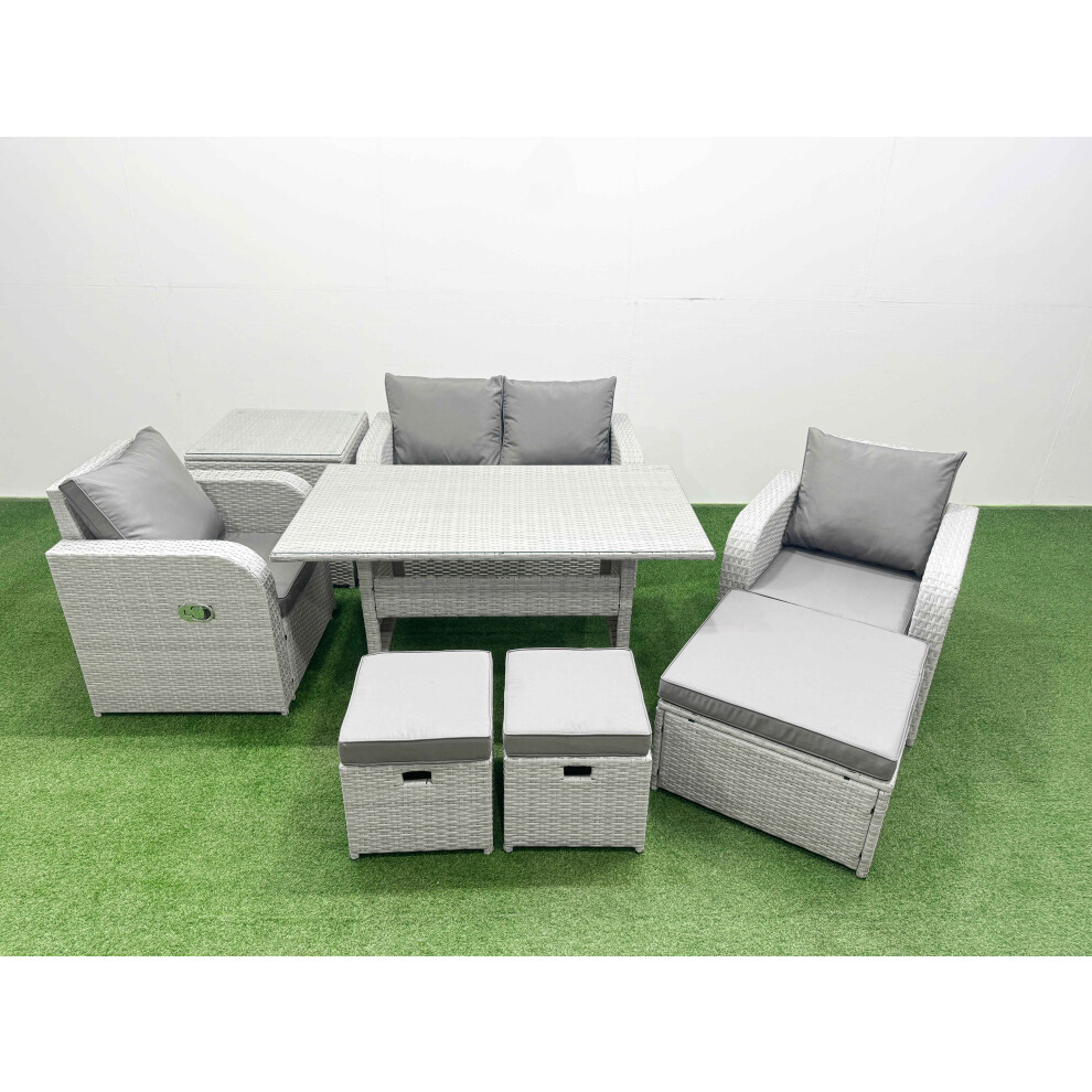 Fimous Light Grey PE Wicker Rattan Garden Furniture Set Sofa Set Reclining Chair Rectangular Dining Table 7 Seater 3  Stools Side Table