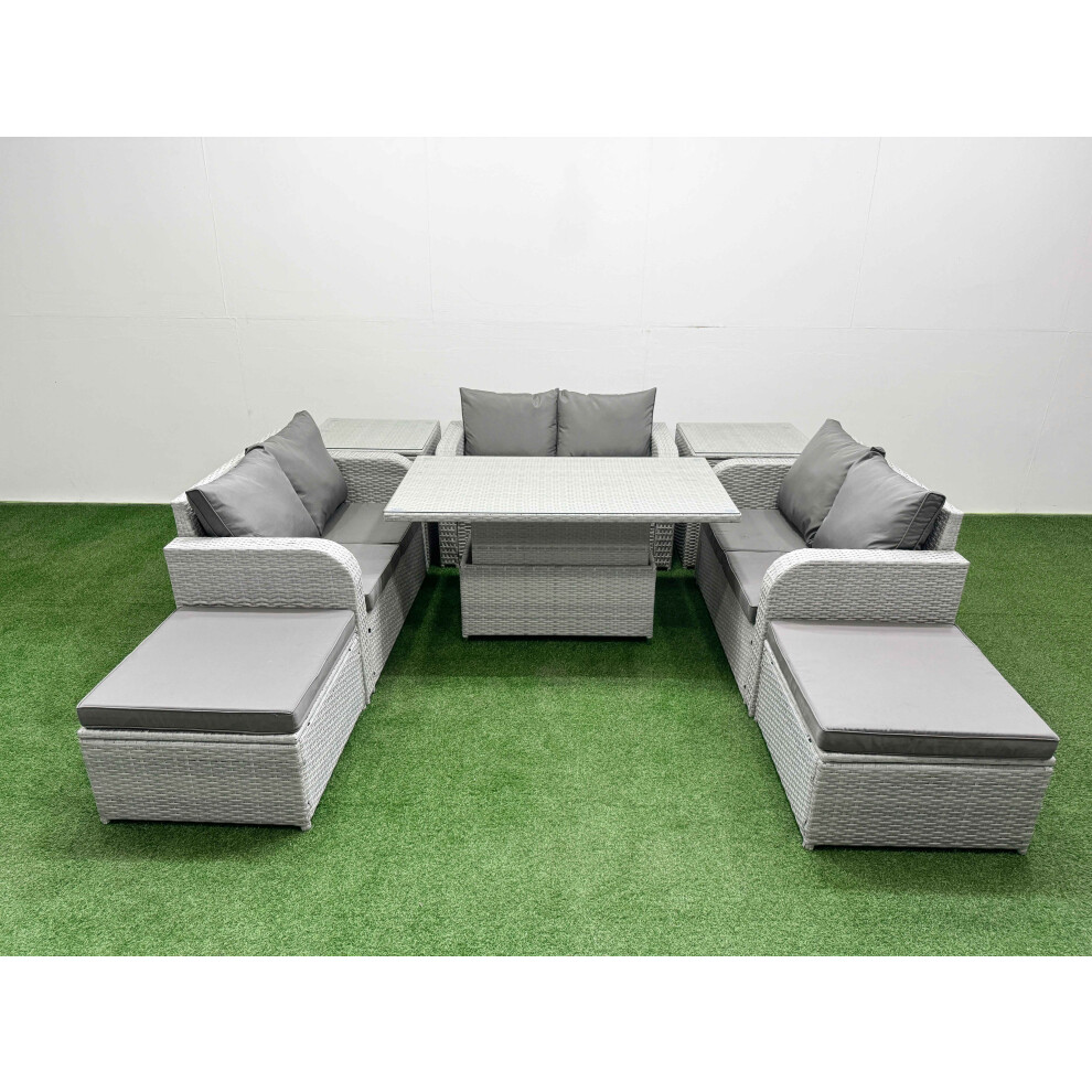 Fimous  8 Seater PE Wicker Rattan Furniture Sofa Sets with Adjustable Lifting Dining or Coffee Table 2 Big Footstool 2 Side Table Light Grey