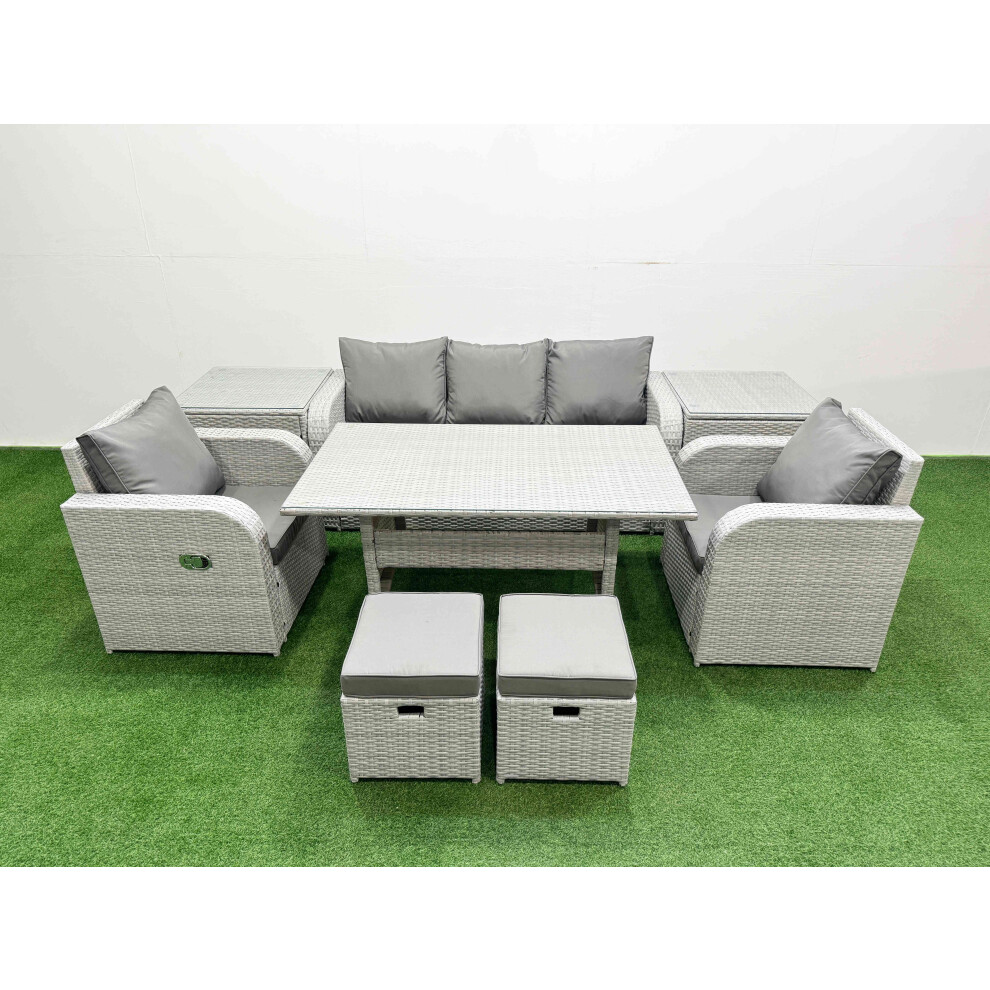 Fimous PE Rattan Garden Furniture Set Reclining Chair Sofa Lounge Sofa Set Rectangular Dining Table 2 Side Table 2 Small Stools Light Grey