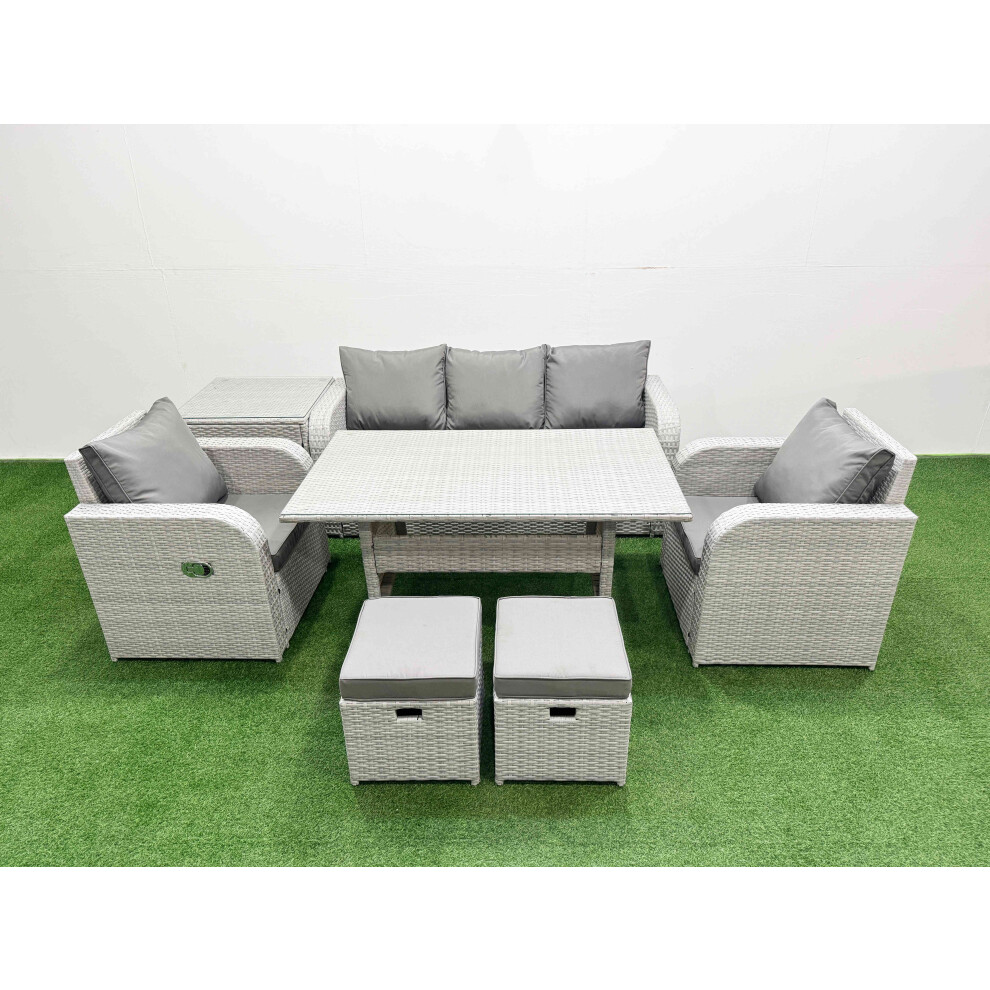 Fimous PE Rattan Garden Furniture Set Reclining Chair Sofa Lounge Sofa Set Rectangular Dining Table Side Table 2 Small Stools Light Grey