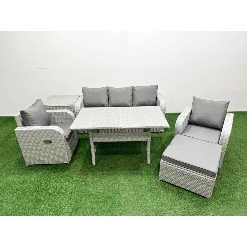 Fimous PE Rattan Garden Furniture Set Reclining Chair Sofa Lounge Sofa Set Rectangular Dining Table Side Table Big Footstool Light Grey