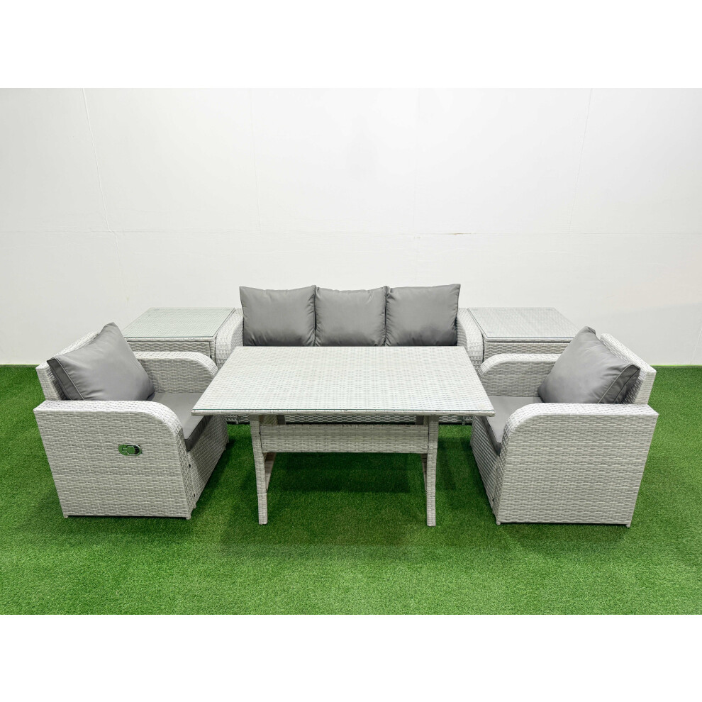 Fimous PE Rattan Garden Furniture Set Reclining Chair Sofa Lounge Sofa Set Rectangular Dining Table 2 Side Table Light Grey