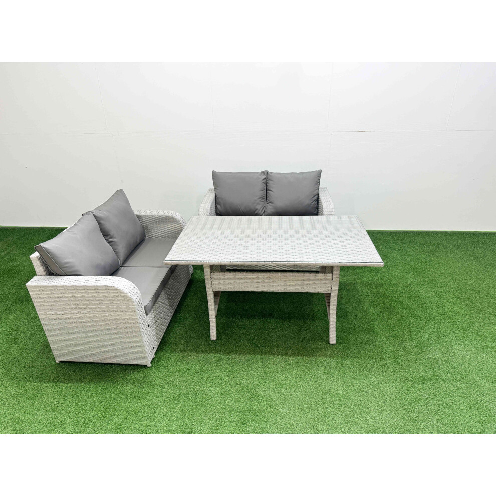 Fimous 4 Seater Outdoor Love Sofa Set Rattan Garden Furniture Set with Rectangular Dining Table Light Grey