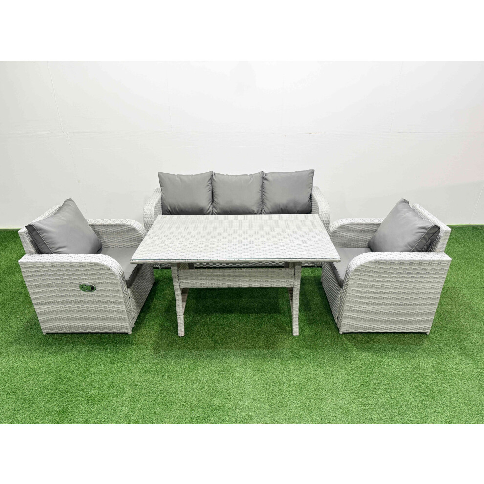 Fimous PE Rattan Garden Furniture Set Reclining Chair Sofa Lounge Sofa Set Rectangular Dining Table Light Grey