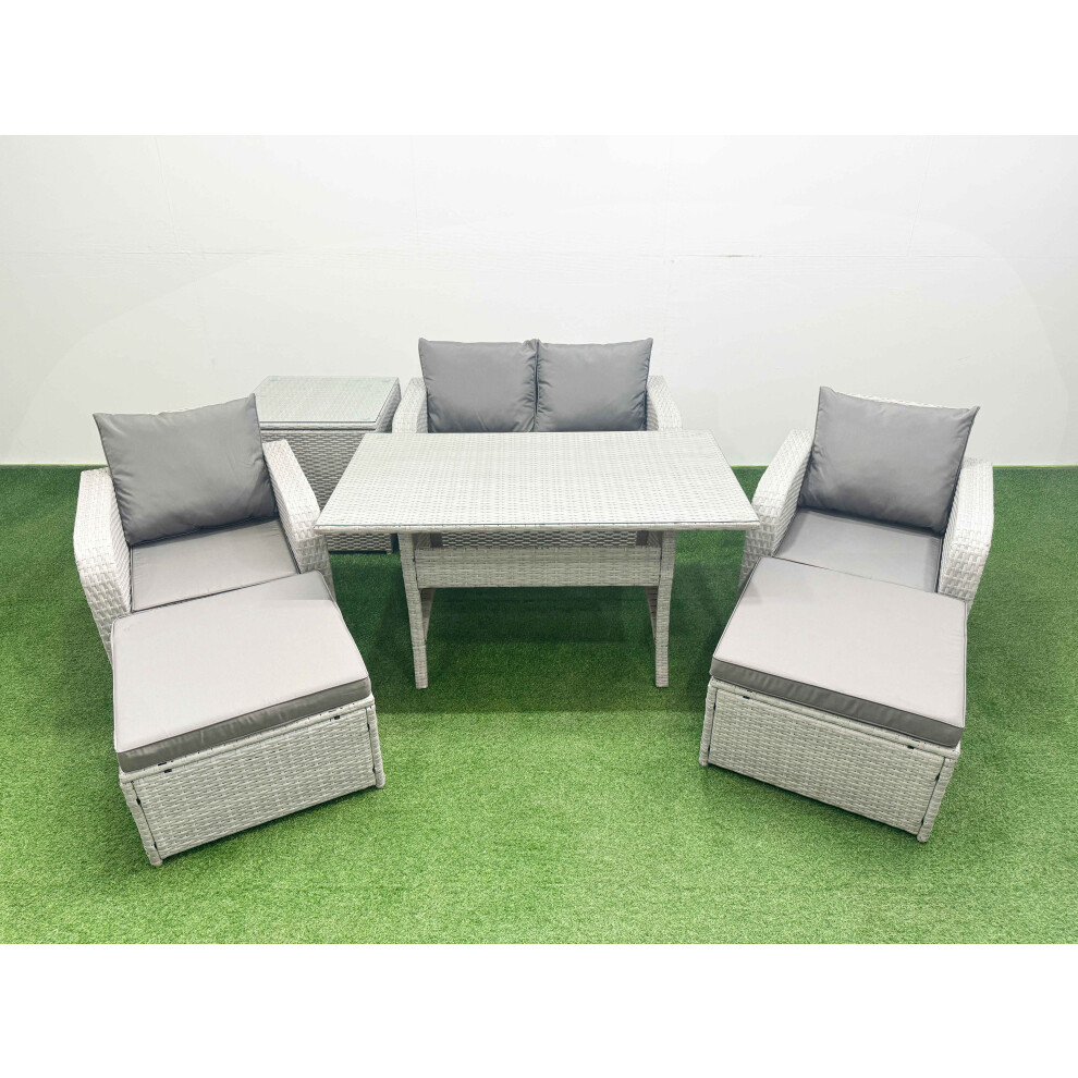 Fimous Light Grey PE Wicker Rattan Garden Furniture Set Sofa Set Reclining Chair Rectangular Dining Table 6 Seater 2 Big Stools Side Table